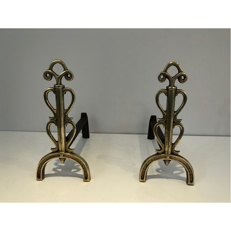 Pair of vintage brass and wrought iron andirons by Raymond Subes, France 1940