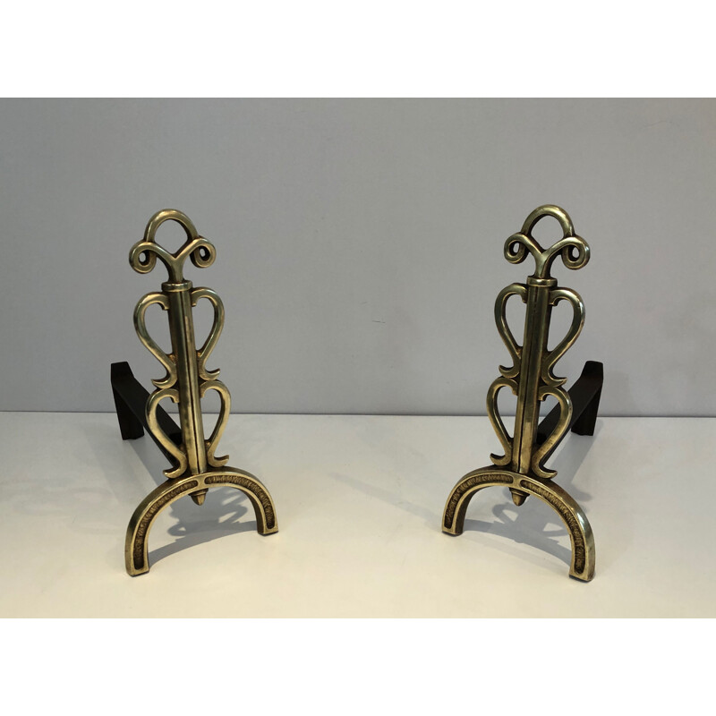 Pair of vintage brass and wrought iron andirons by Raymond Subes, France 1940