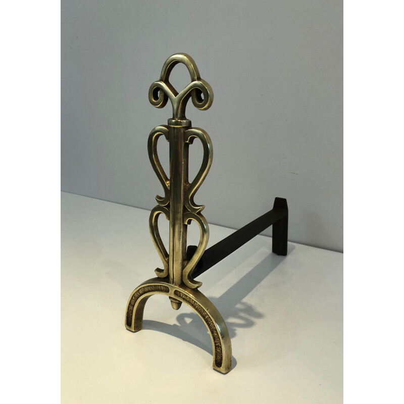 Pair of vintage brass and wrought iron andirons by Raymond Subes, France 1940