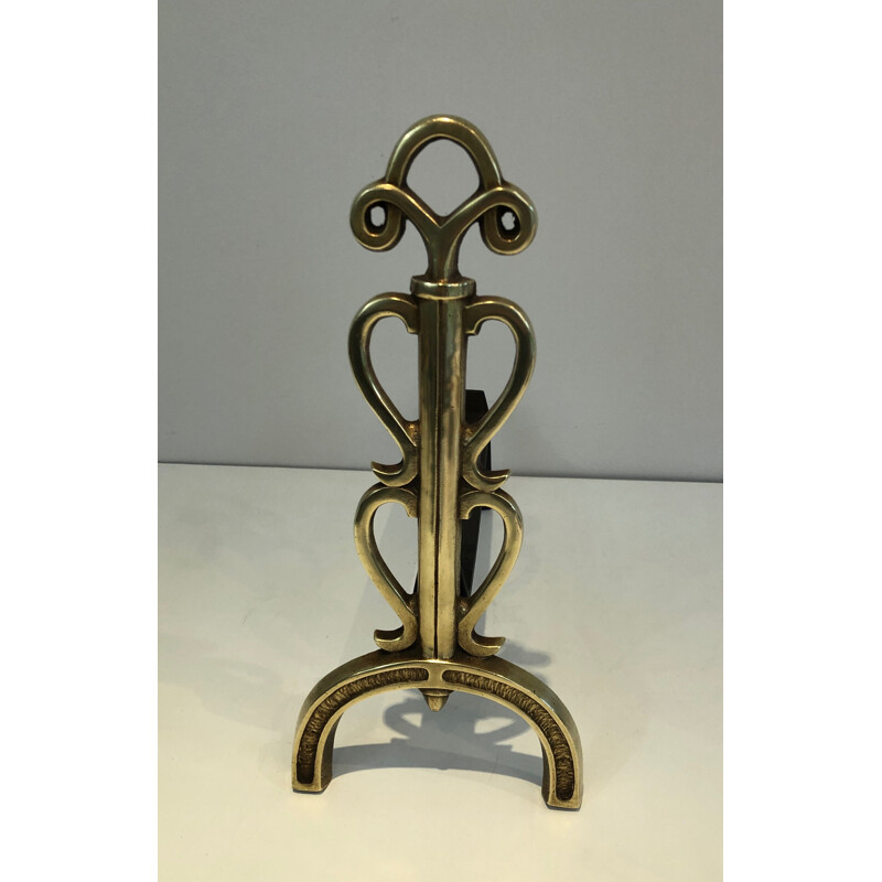 Pair of vintage brass and wrought iron andirons by Raymond Subes, France 1940