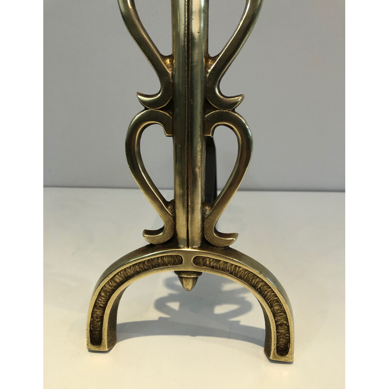 Pair of vintage brass and wrought iron andirons by Raymond Subes, France 1940