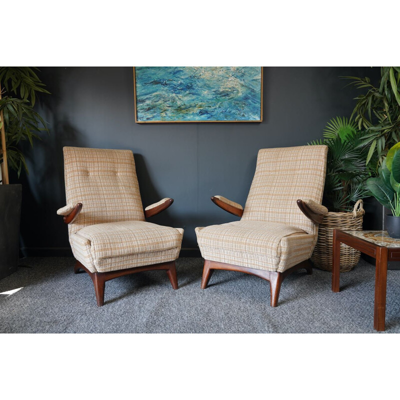 Paar vintage Deense fauteuils in rozenhout en geruite stof