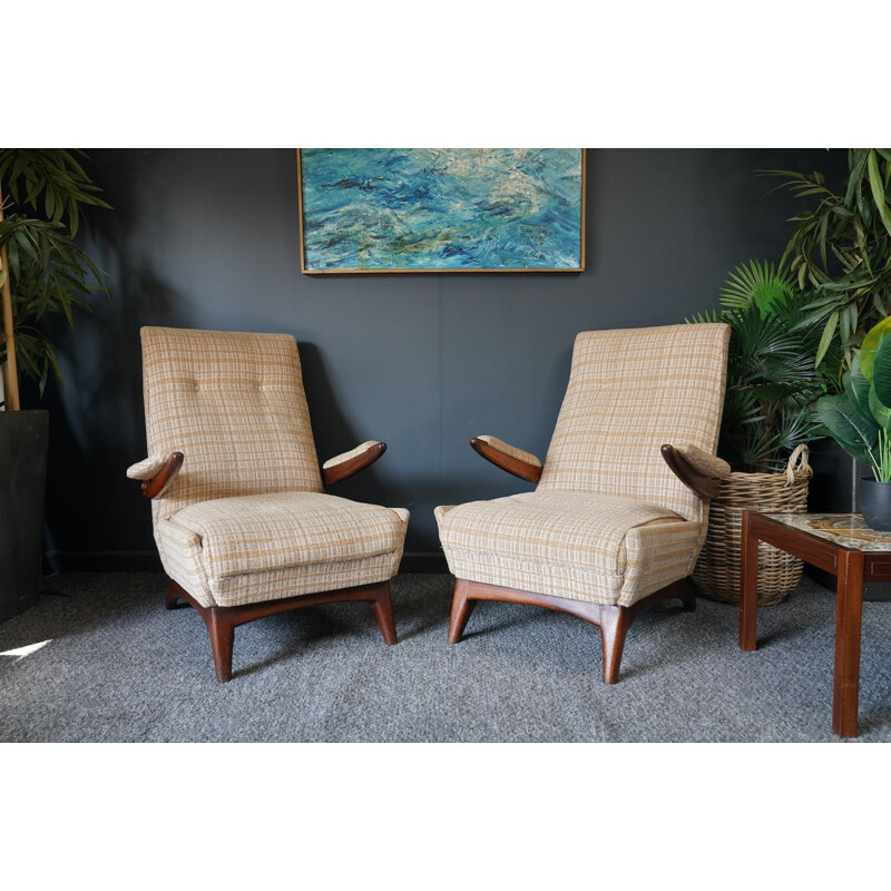 Pair of vintage Danish armchairs in rosewood and checkered fabric