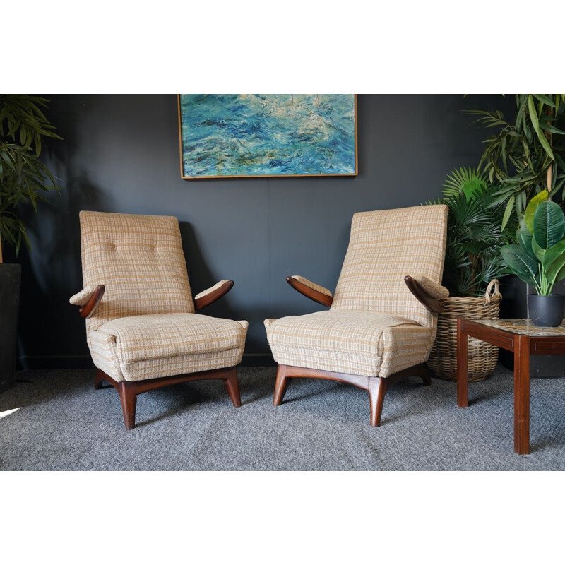Paar vintage Deense fauteuils in rozenhout en geruite stof