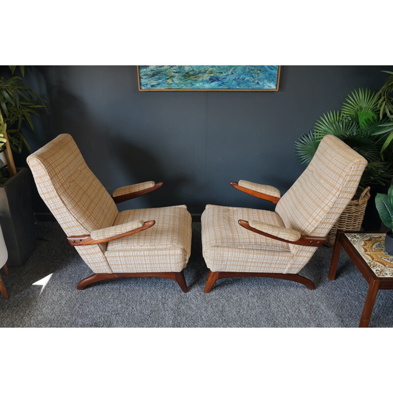 Pair of vintage Danish armchairs in rosewood and checkered fabric