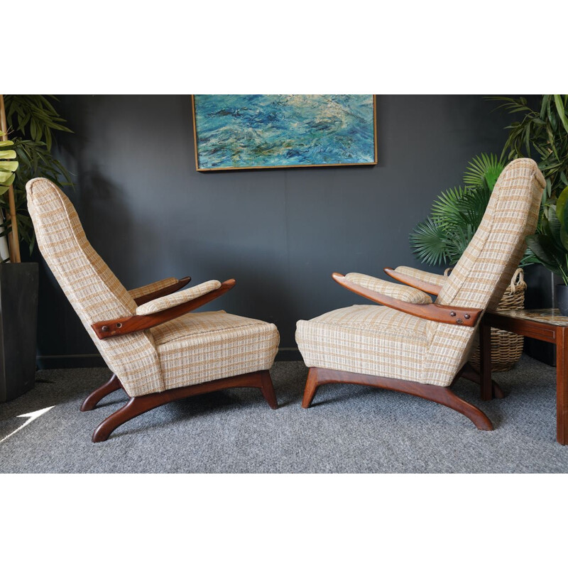 Pair of vintage Danish armchairs in rosewood and checkered fabric