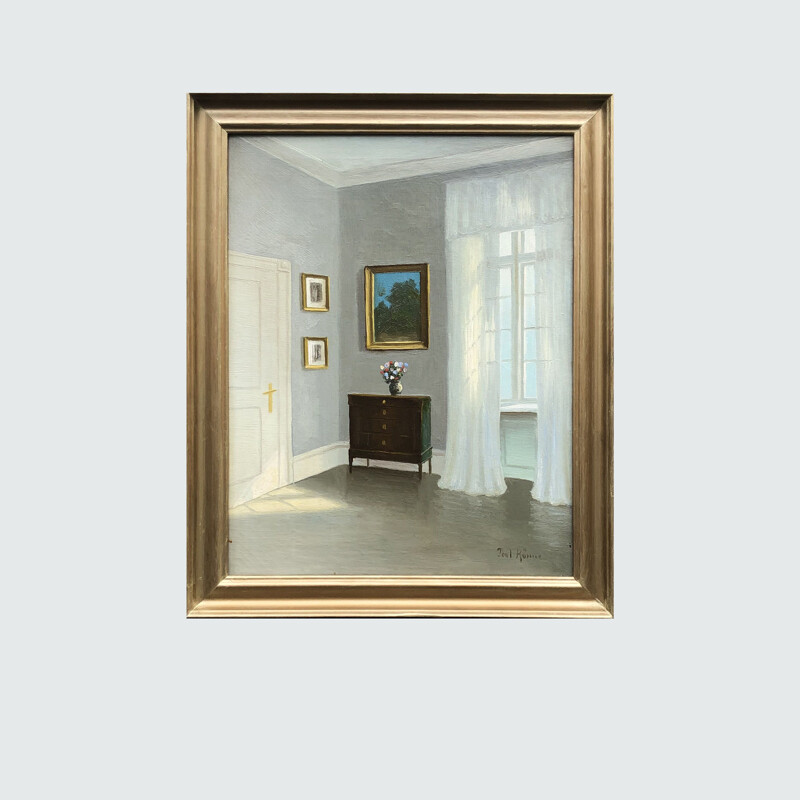 Huile sur toile vintage "Interior" par Poul Rönne