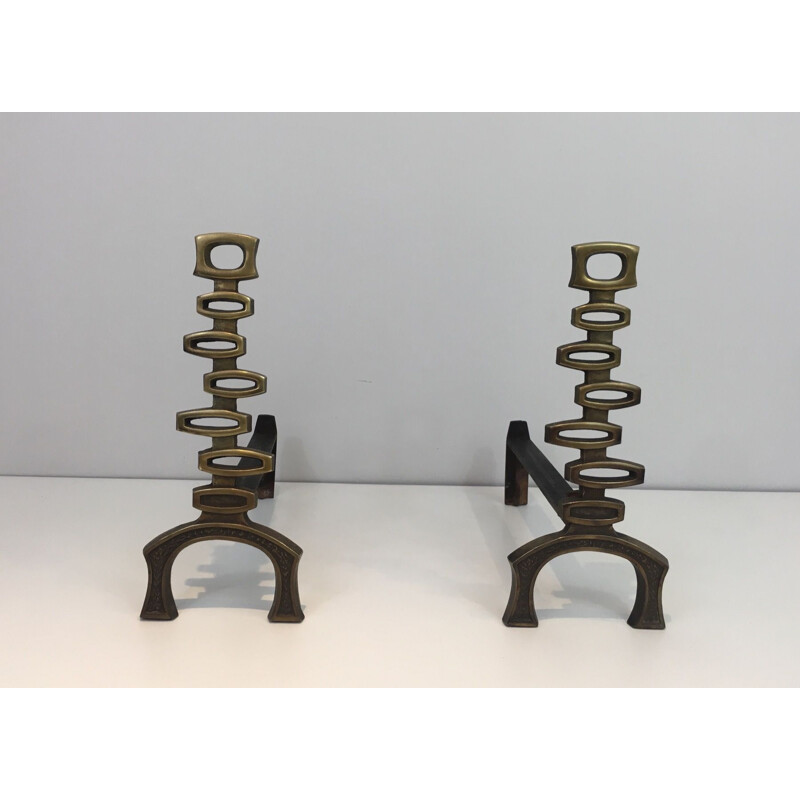Pair of vintage brass andirons, Italy 1970