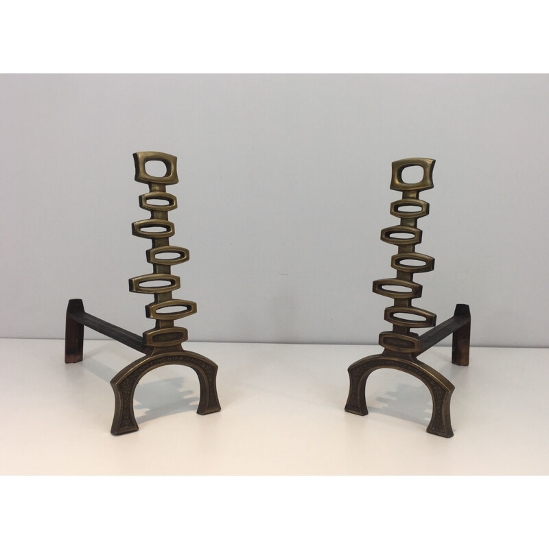 Pair of vintage brass andirons, Italy 1970