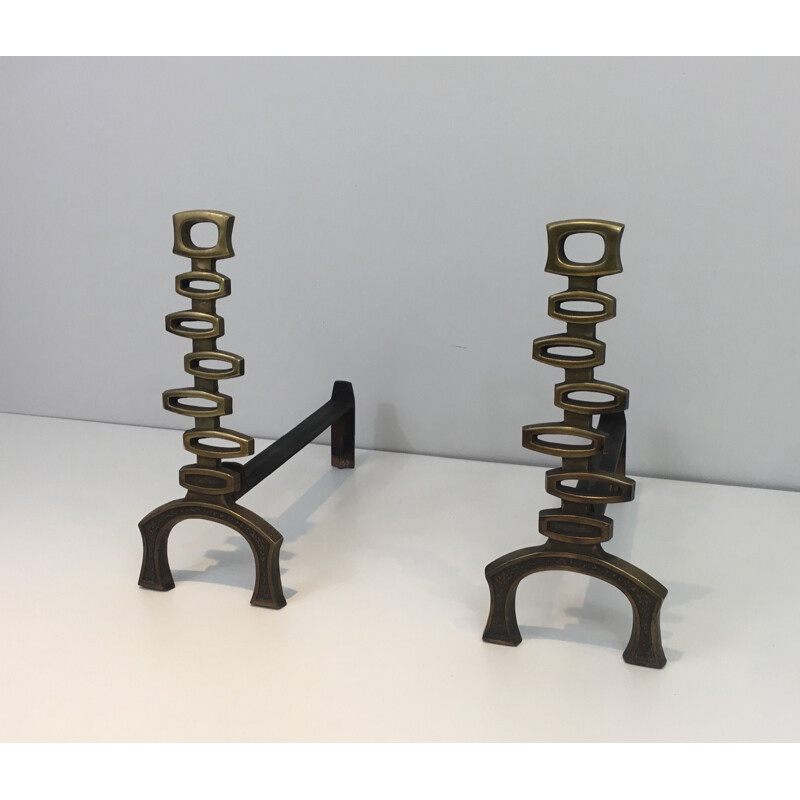 Pair of vintage brass andirons, Italy 1970