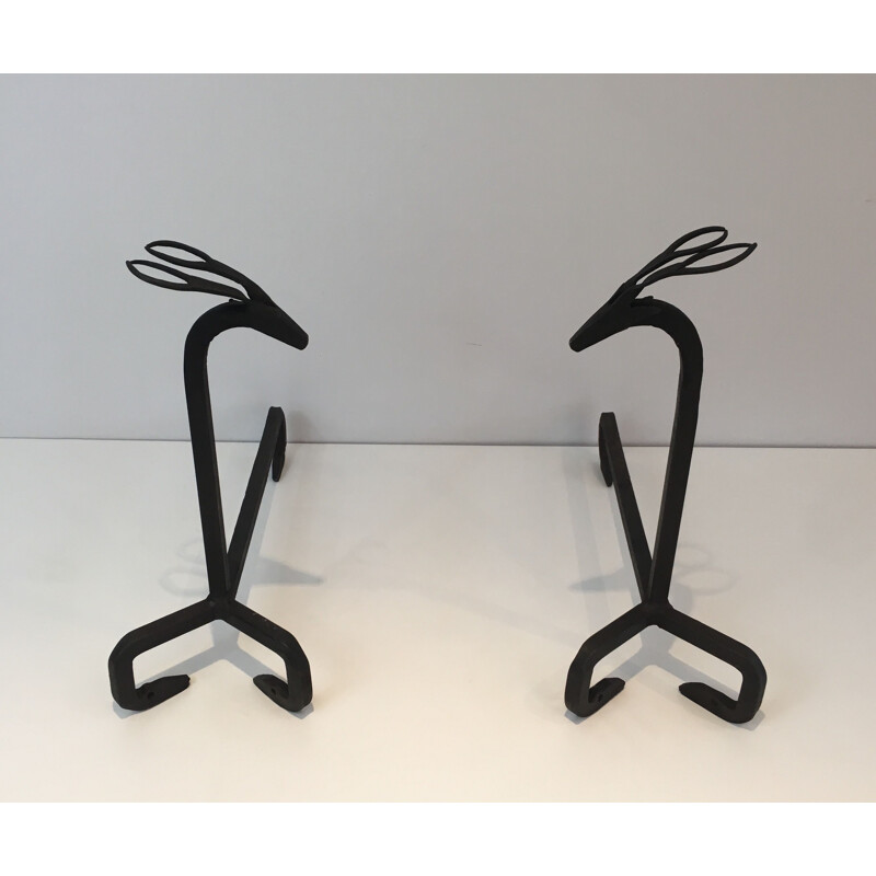 Pair of vintage wrought iron andirons by Goût d'Edouard Schenck, Italy 1950