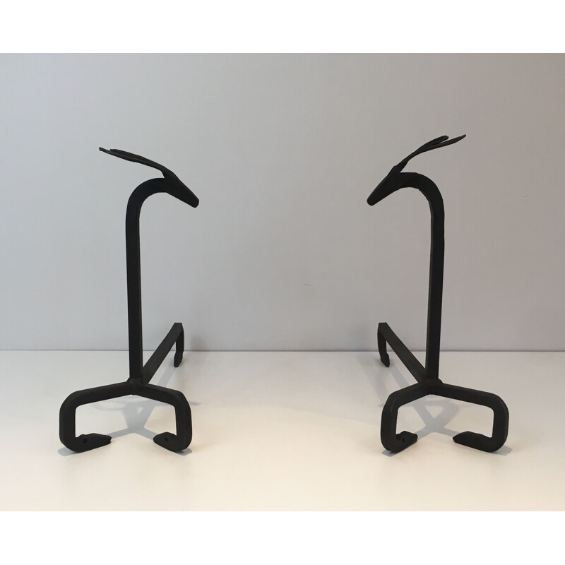 Pair of vintage wrought iron andirons by Goût d'Edouard Schenck, Italy 1950