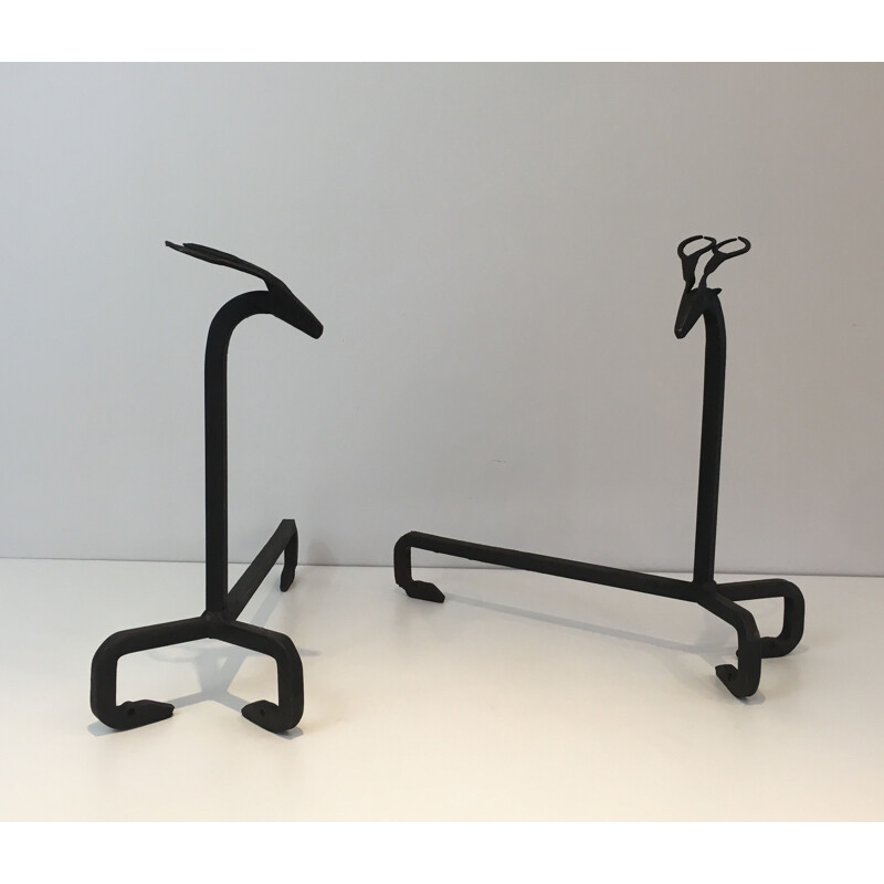 Pair of vintage wrought iron andirons by Goût d'Edouard Schenck, Italy 1950