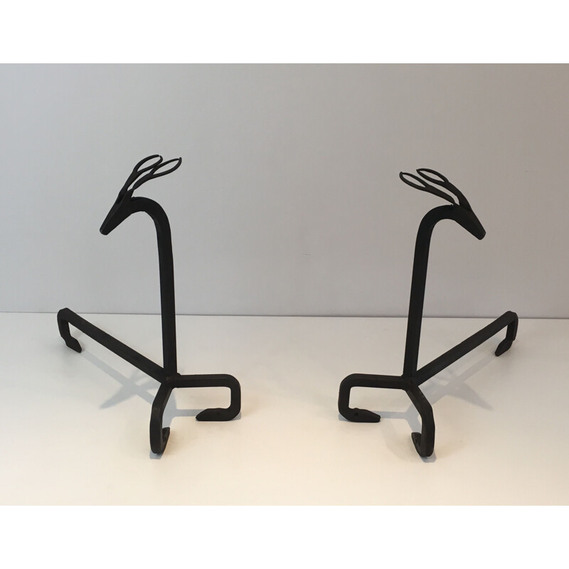 Pair of vintage wrought iron andirons by Goût d'Edouard Schenck, Italy 1950