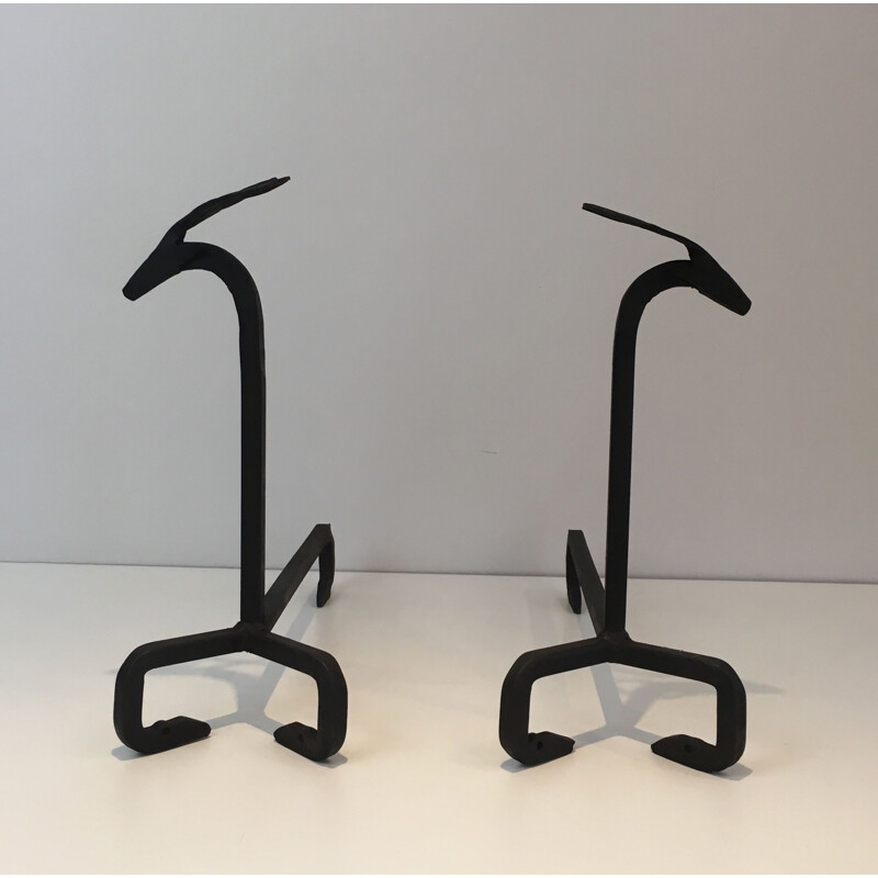 Pair of vintage wrought iron andirons by Goût d'Edouard Schenck, Italy 1950