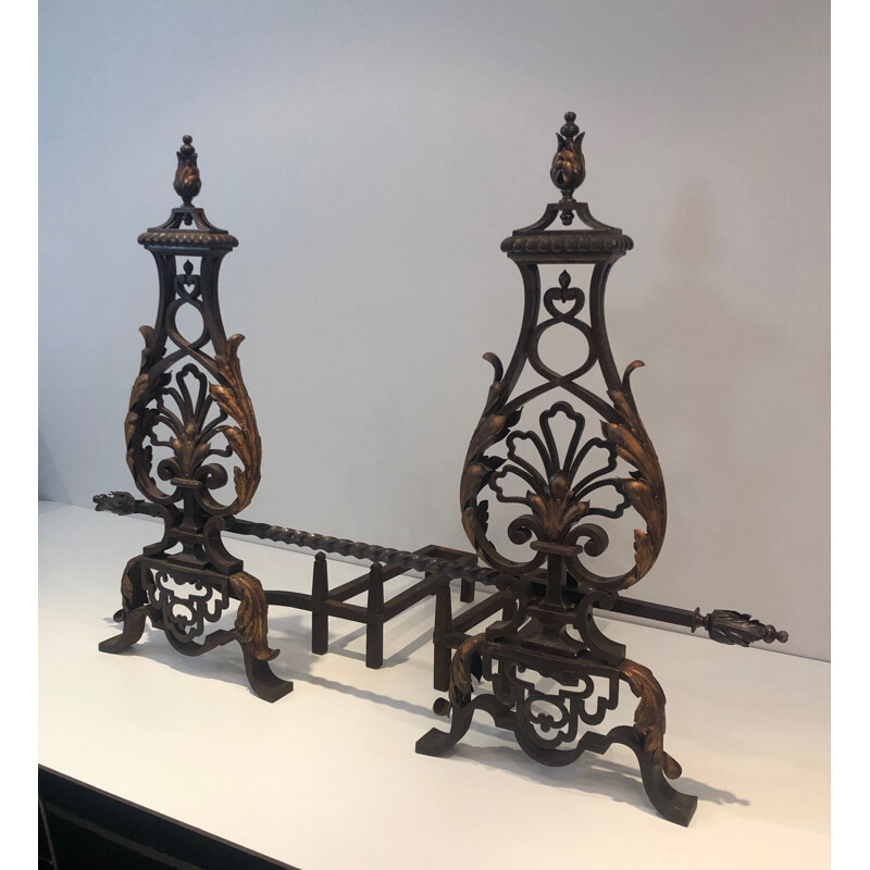 Pair of vintage wrought iron and gilt andirons, France 1940