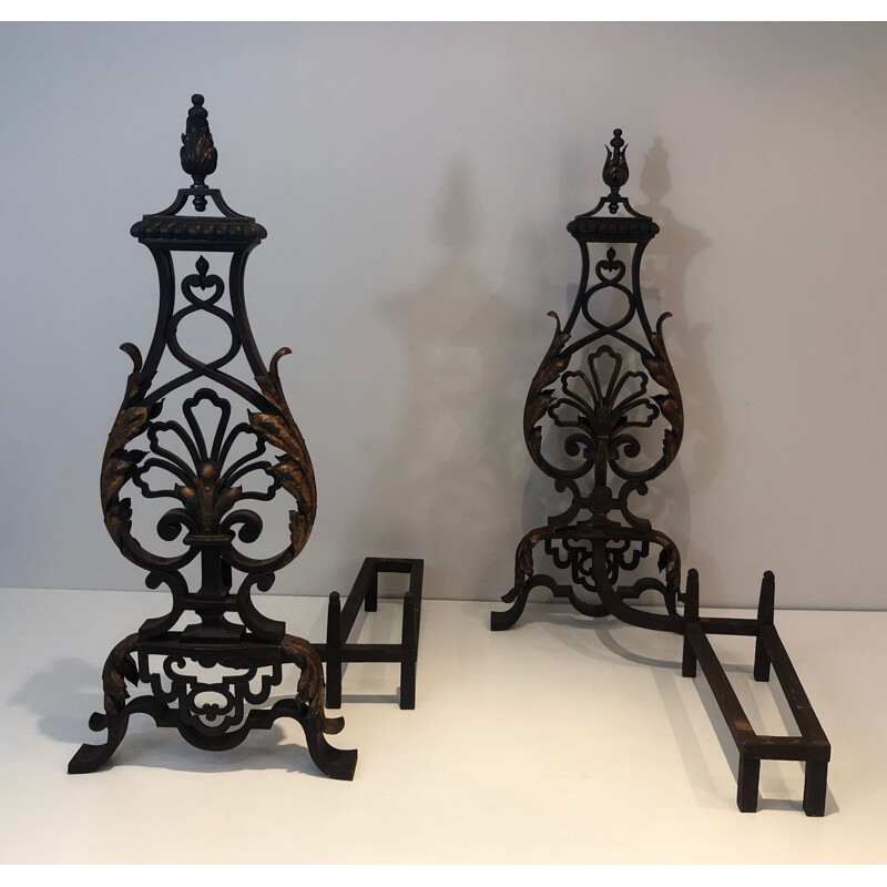 Pair of vintage wrought iron and gilt andirons, France 1940