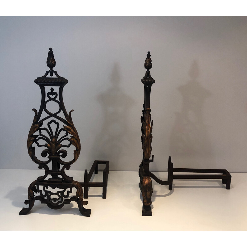 Pair of vintage wrought iron and gilt andirons, France 1940