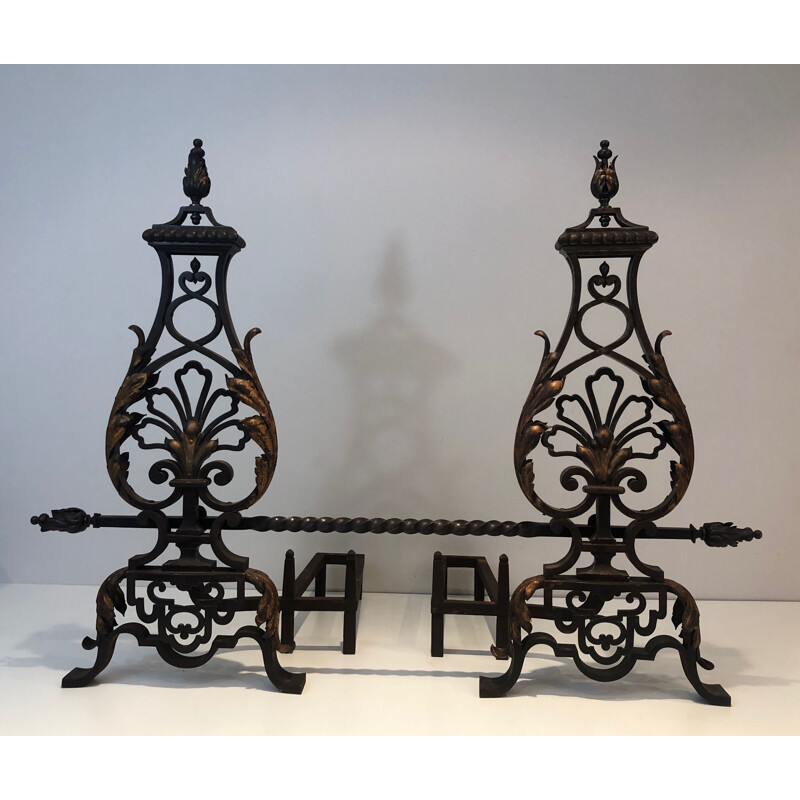 Pair of vintage wrought iron and gilt andirons, France 1940