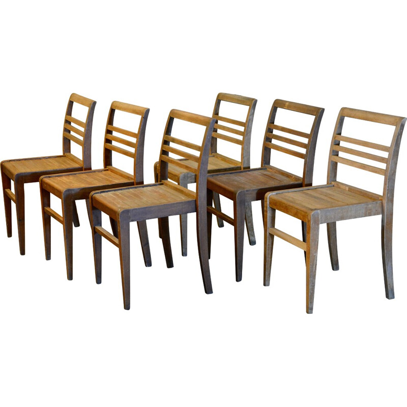 Ensemble de 6 chaises vintage en hêtre, René GABRIEL - 1950