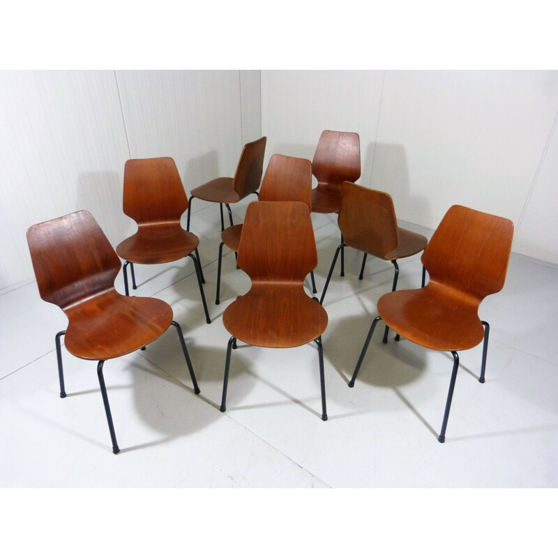 Set of 8 Danish stakable teak plywood chairs - 1950s