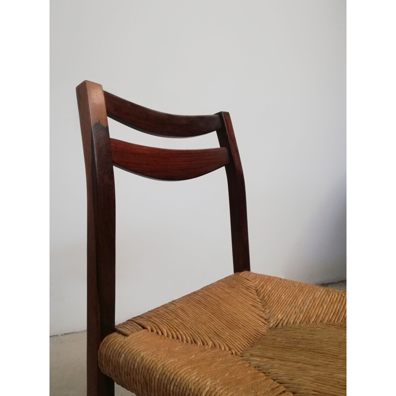 Set van 4 Scandinavische vintage stoelen in rozenhout en stro