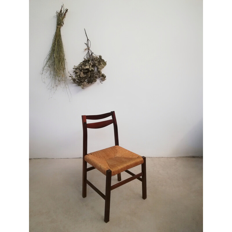 Juego de 4 sillas vintage escandinavas de madera de rosa y paja