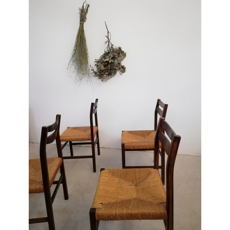 Set aus 4 skandinavischen Vintage-Stühlen aus Palisander und Stroh