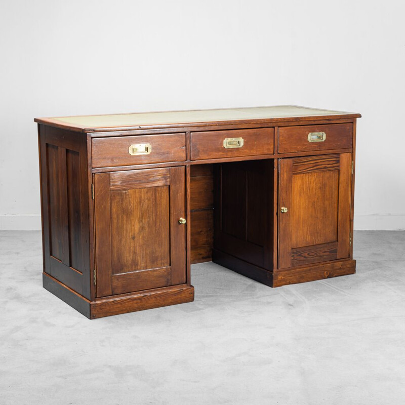 Vintage English wooden and leather desk, 1930s