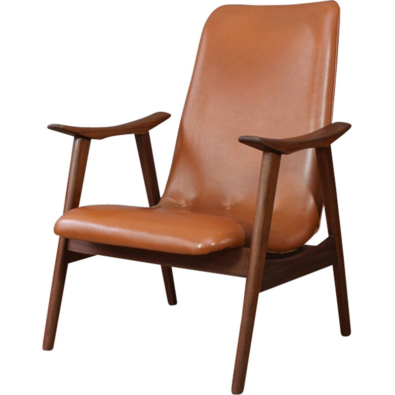 Fauteuil hollandais en teck et simili cuir marron - 1960