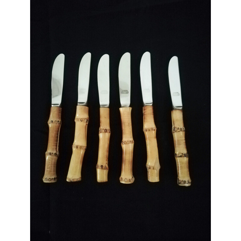 Set of 18 vintage 6-Person cutlery service in steel and bamboo, 1970s