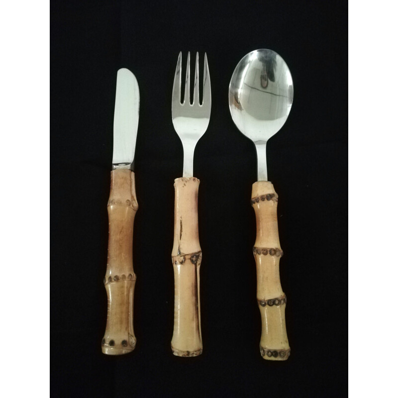 Set of 18 vintage 6-Person cutlery service in steel and bamboo, 1970s
