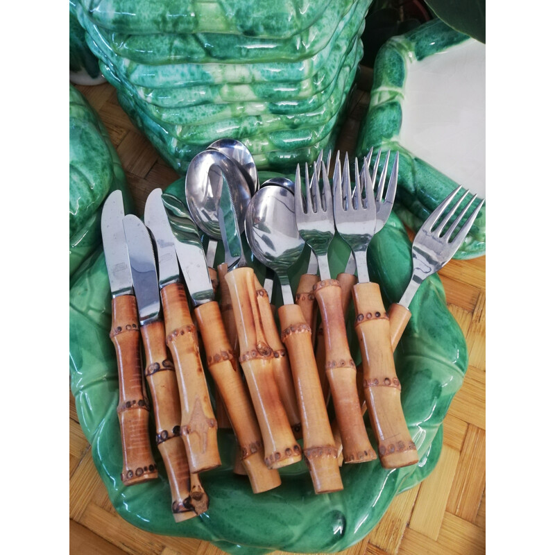 Set of 18 vintage 6-Person cutlery service in steel and bamboo, 1970s