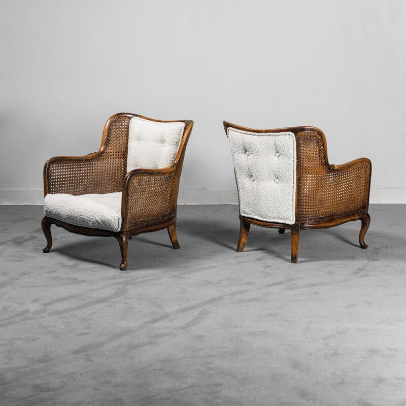 Pair of vintage wood and straw armchairs, 1930