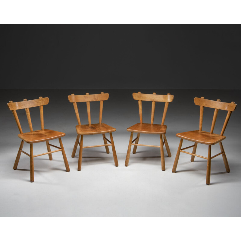 Set of 4 vintage solid beechwood "Windsor" chairs, Sweden 1940