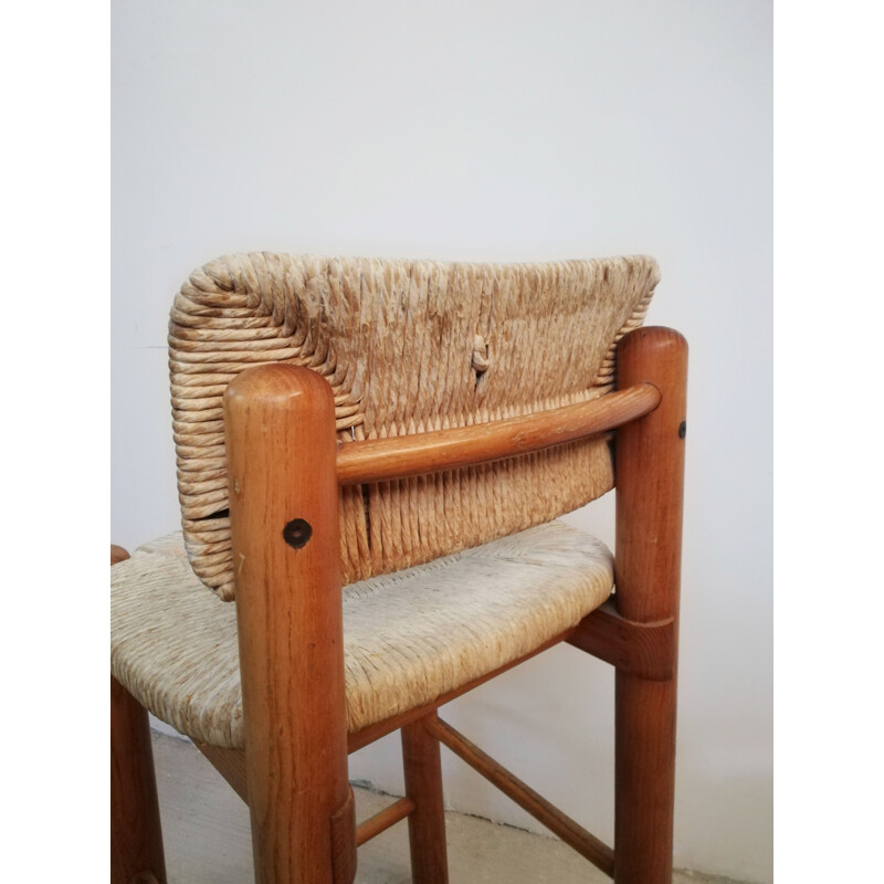Pair of vintage ashwood & straw bar stools, 1970-1980s