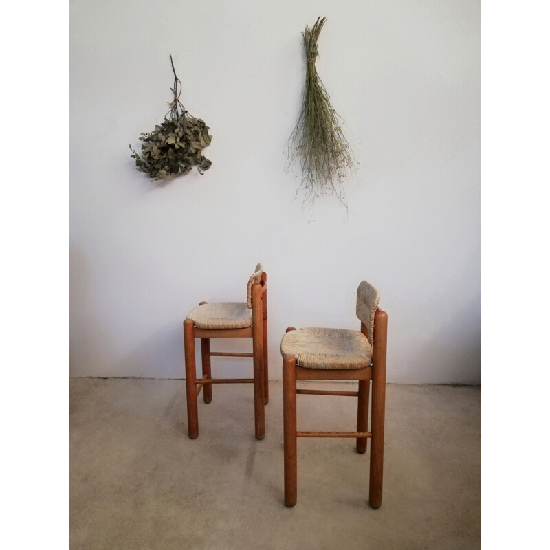 Pair of vintage ashwood & straw bar stools, 1970-1980s