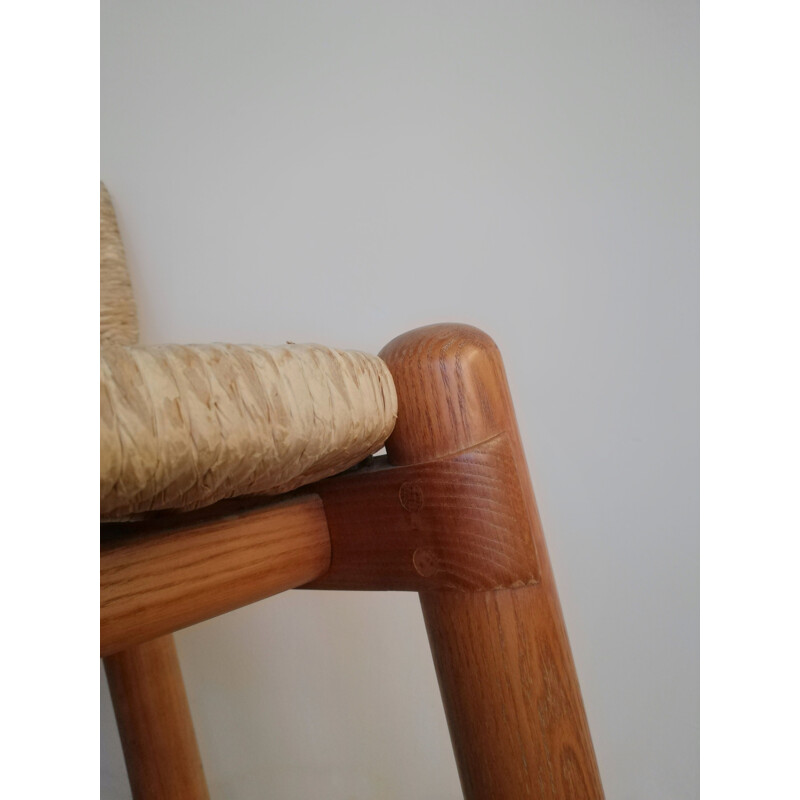 Pair of vintage ashwood & straw bar stools, 1970-1980s