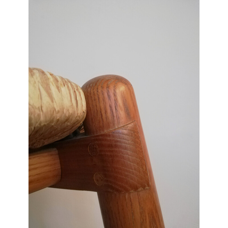 Pair of vintage ashwood & straw bar stools, 1970-1980s