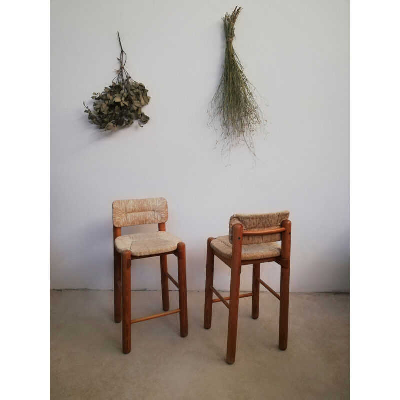 Pair of vintage ashwood & straw bar stools, 1970-1980s
