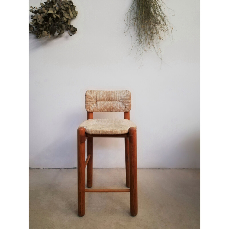 Pair of vintage ashwood & straw bar stools, 1970-1980s