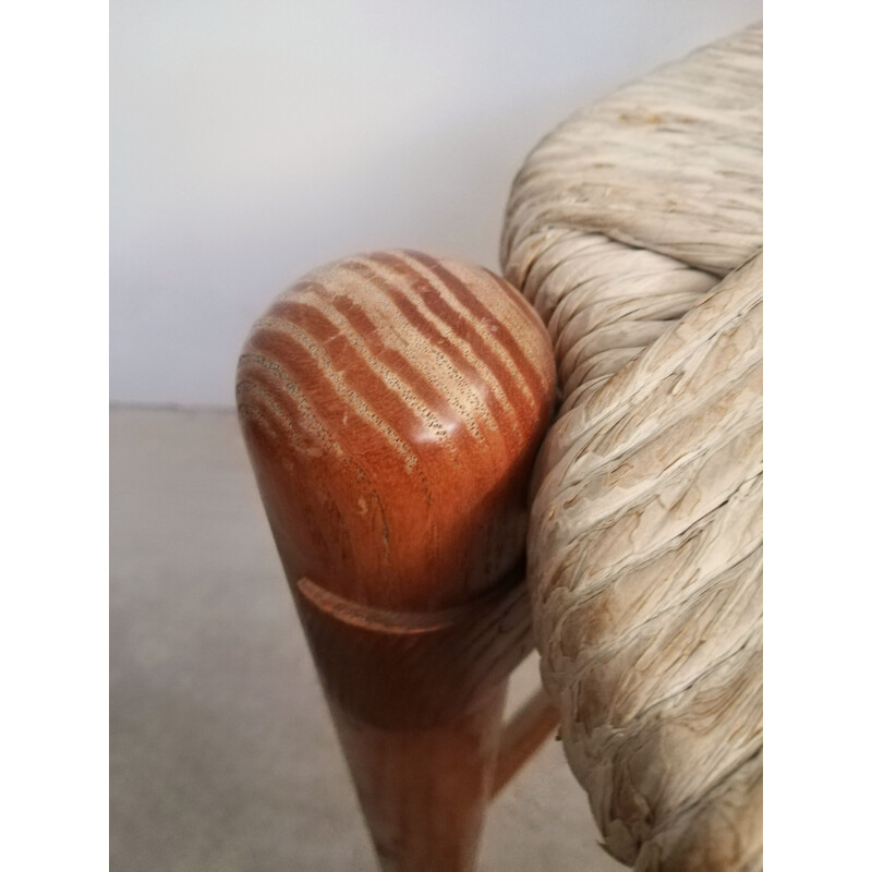 Pair of vintage ashwood & straw bar stools, 1970-1980s