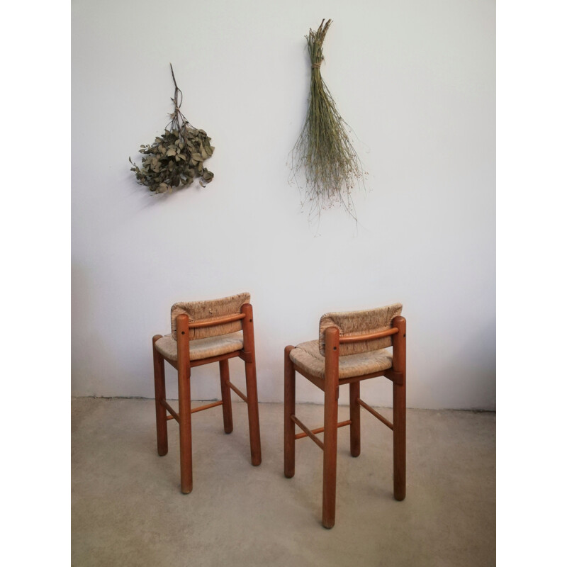 Pair of vintage ashwood & straw bar stools, 1970-1980s