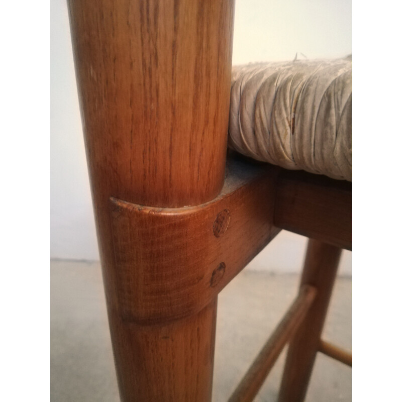 Pair of vintage ashwood & straw bar stools, 1970-1980s