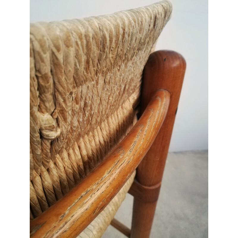 Pair of vintage ashwood & straw bar stools, 1970-1980s