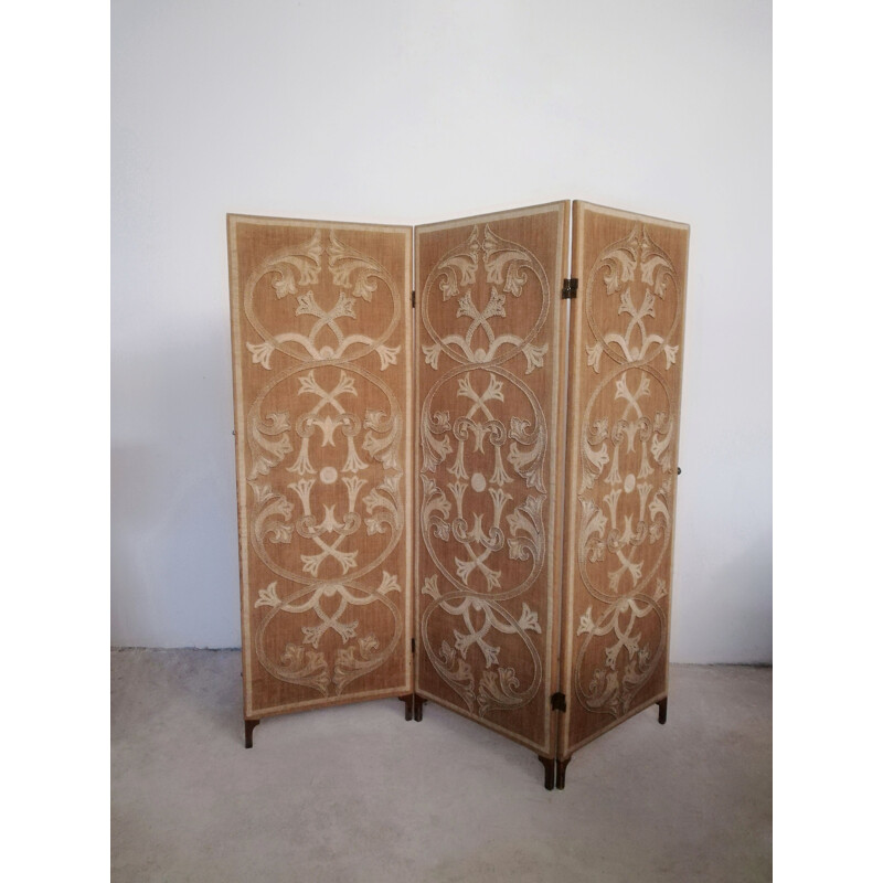 Vintage hand-embroidered wooden room divider, Italy 1940