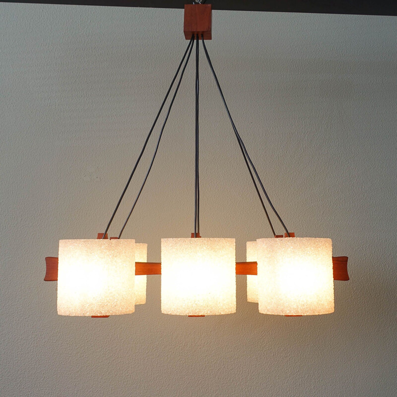 Scandinavian vintage pendant lamp in teak and perspex granite, Denmark 1960s