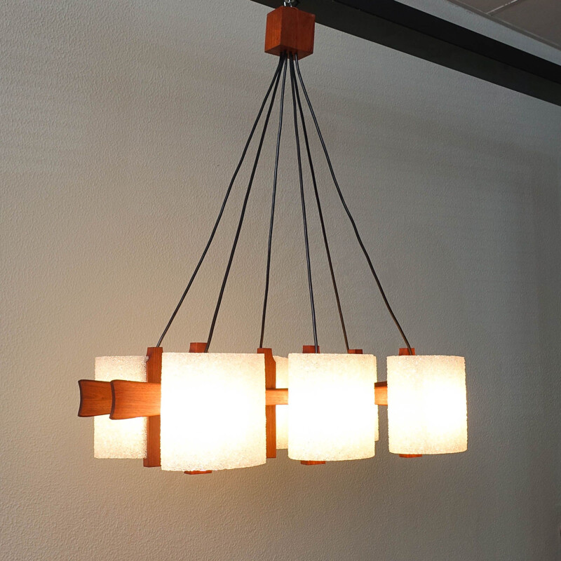 Scandinavian vintage pendant lamp in teak and perspex granite, Denmark 1960s