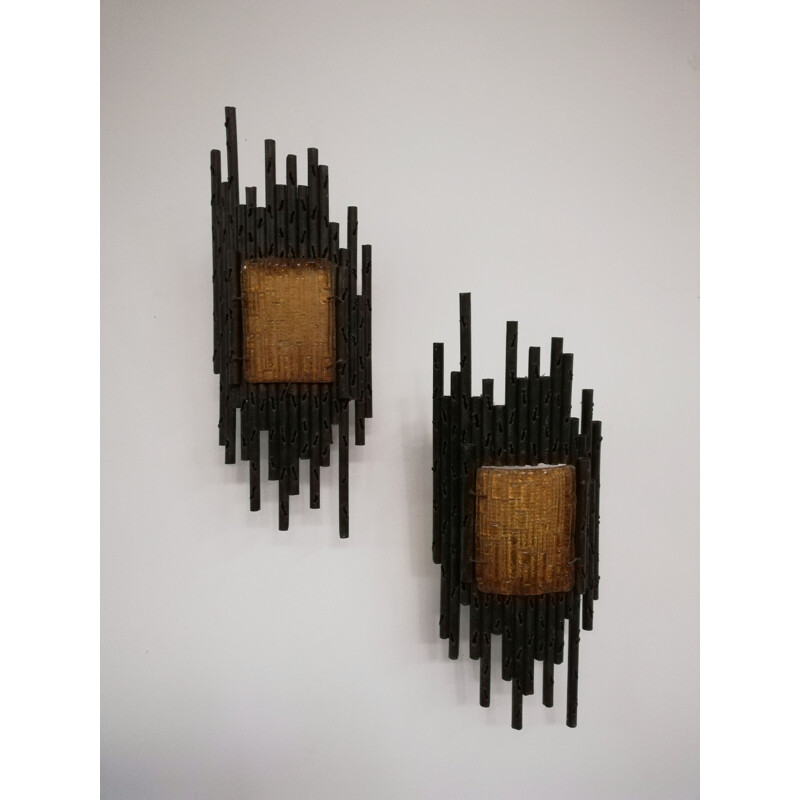 Pair of vintage glass plate wall lamps by Marcello Fantoni, Italy 1970