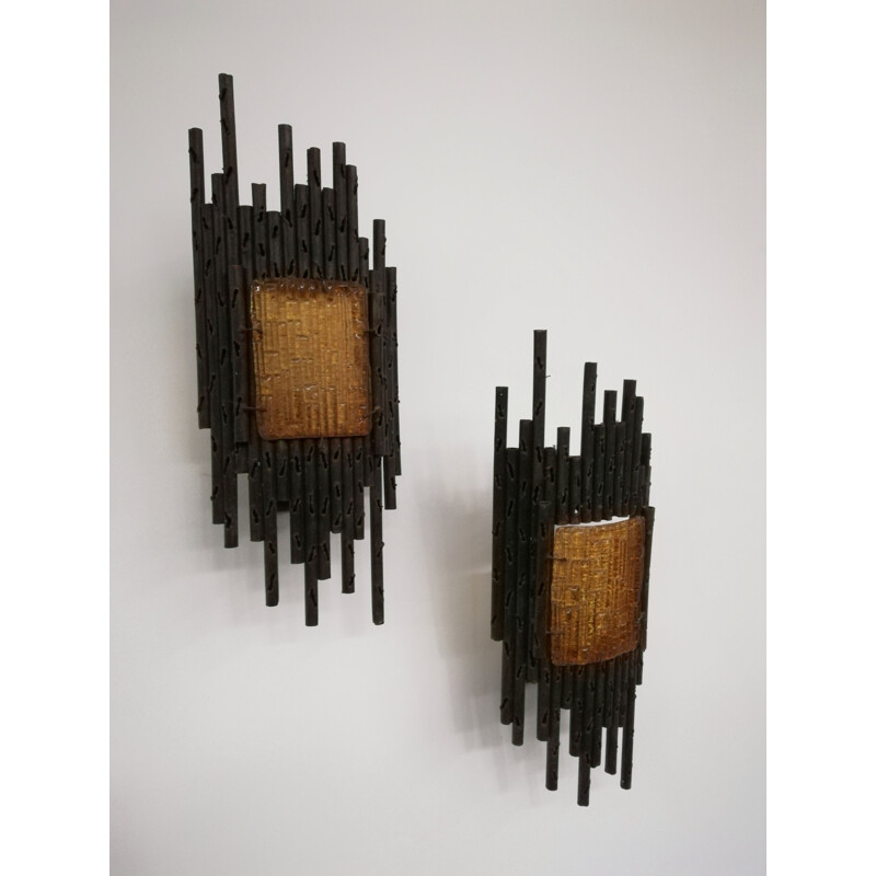 Pair of vintage glass plate wall lamps by Marcello Fantoni, Italy 1970
